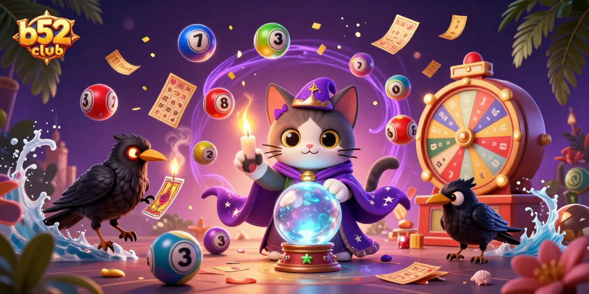 B52Club gamifies excitement with a mystic cat and a tarot raven, amidst vibrant lottery elements.