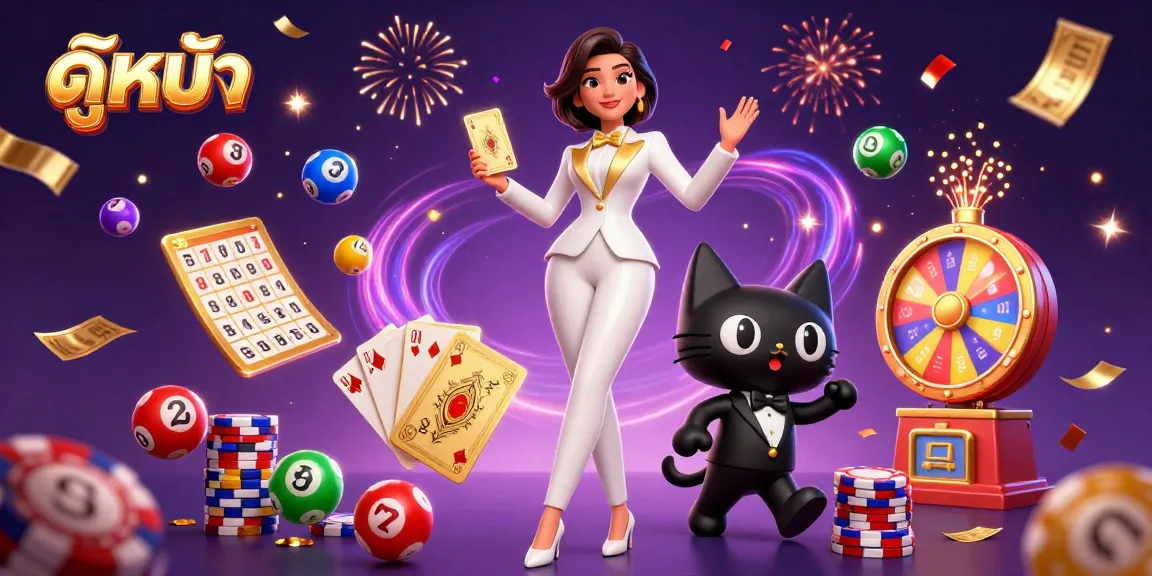 Engaging ดูหนัง scene with a glamorous dealer and a tuxedo cat surrounded by vibrant lottery elements.