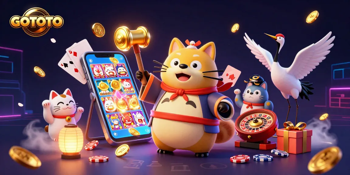 Terlibat dengan dunia permainan slot GOTOTO yang cerah dengan tanuki ceria dan kucing keberuntungan.