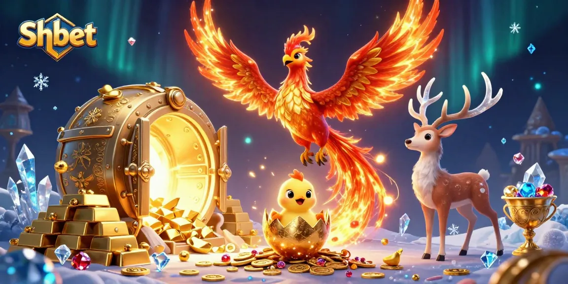 Experience Shbet's thrilling gaming world with a fiery phoenix, hatching chick, and treasure-filled scene.