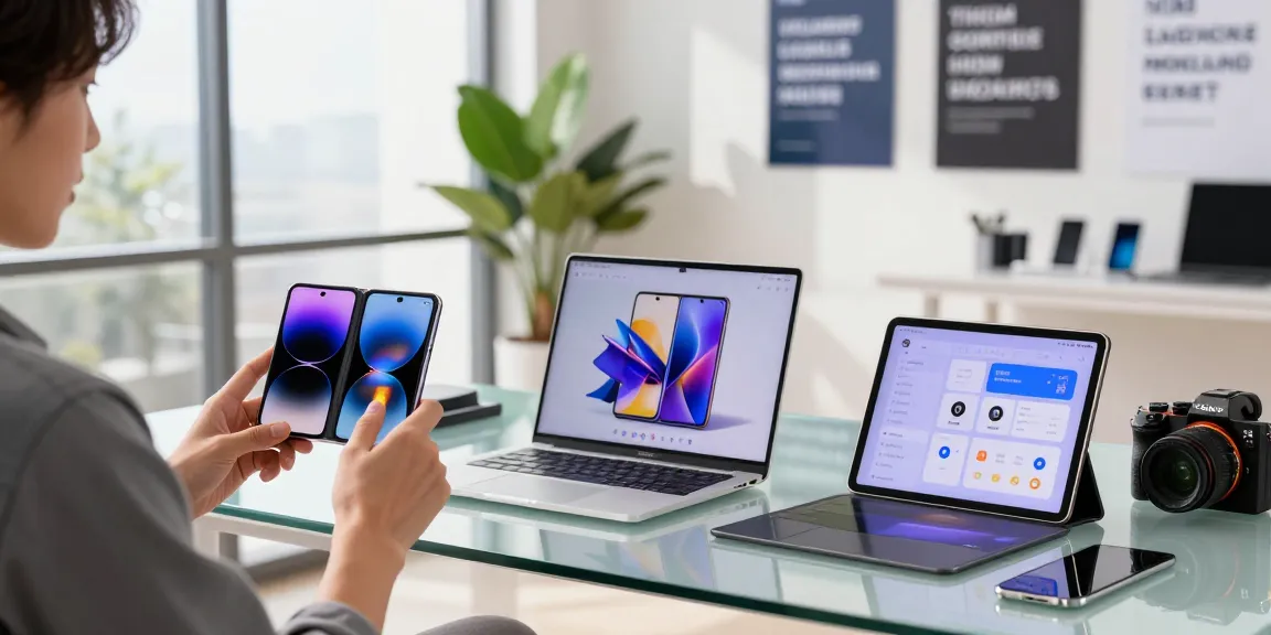 Showcasing foldable phones 2026 on a modern tech desk with vibrant displays and accessories.
