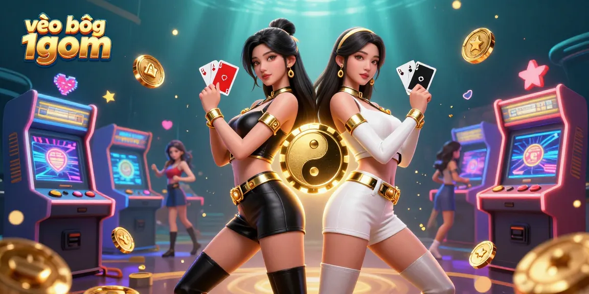 Play winning strategies with vào bóng 1gom, featuring twin Asian women in dynamic poses with casino elements.