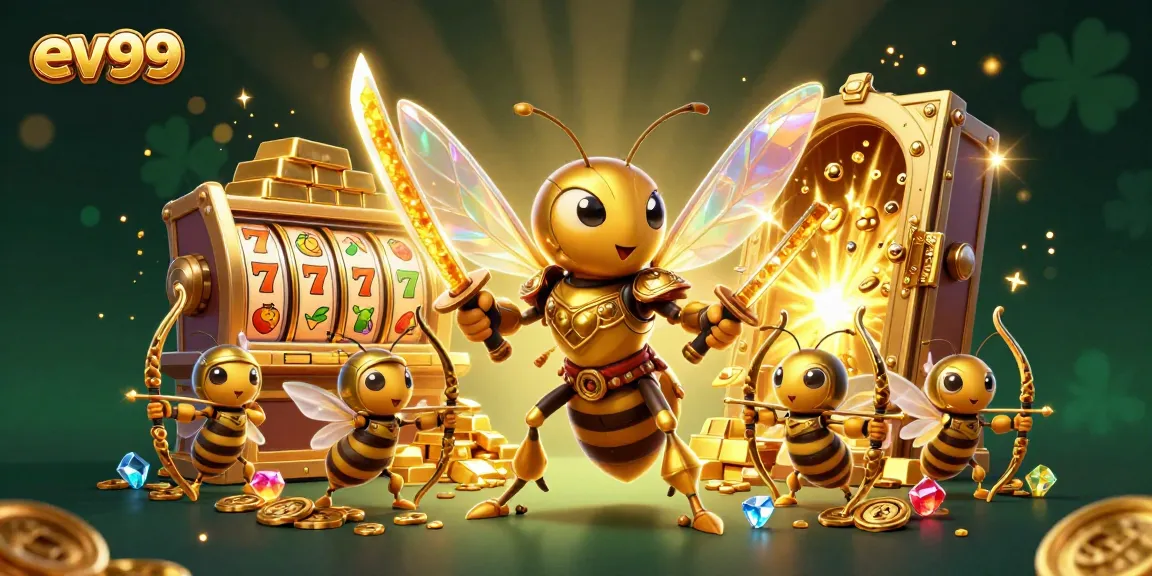 ev99 showcases a vibrant gaming scene with a golden hornet samurai amid slot machines and treasure.