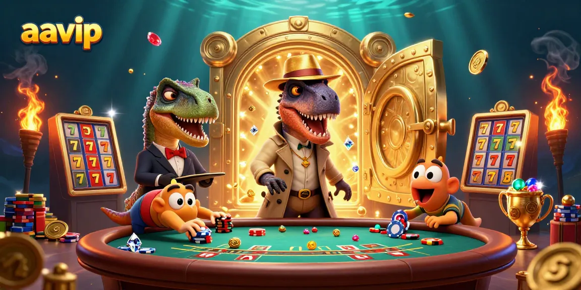 A vivid scene where aavip offers thrilling casino action with a velociraptor card counter and slot elements.