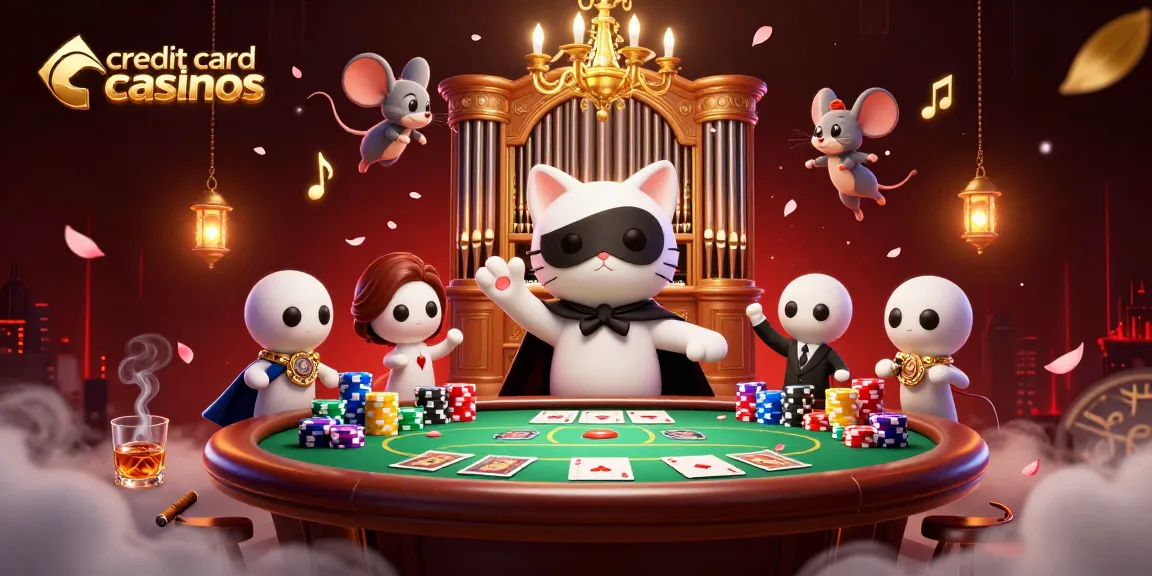 Experience the thrill of credit card casinos with an energetic casino scene featuring poker elements and acrobatic characters.