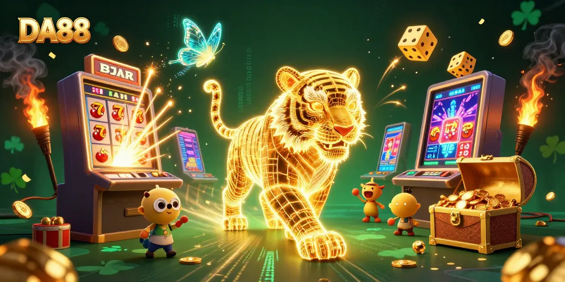 Experience DA88's thrilling casino adventure featuring a golden tiger and vibrant slot machines.
