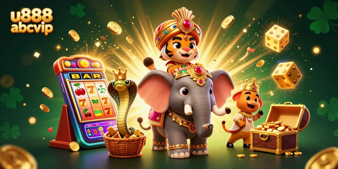 Win big with U888 ABCVIP as a cartoon maharaja tiger rides a jewel elephant amid vibrant casino elements.