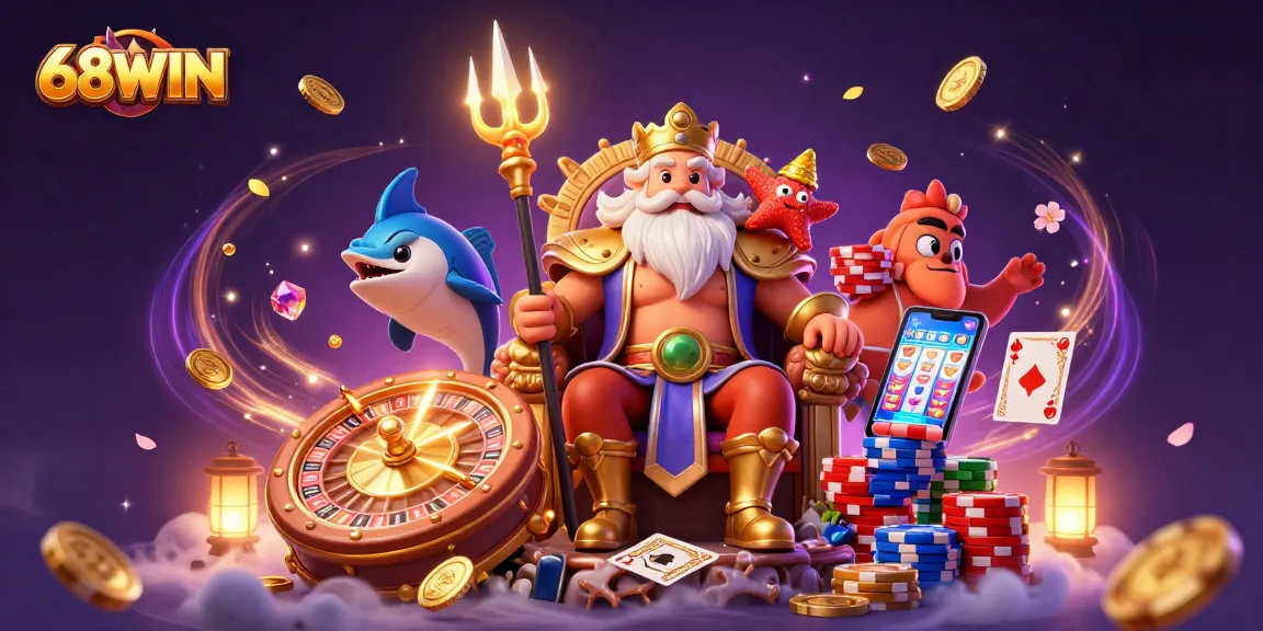Experience thrill with 68WIN as Neptune's treasures and casino games spark joy in a vibrant scene.