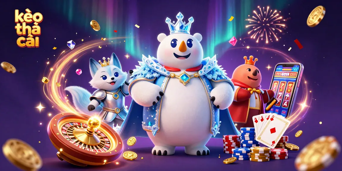 Win big with kèo nhà cái as the cartoon ice king polar bear celebrates amidst a vibrant casino scene.