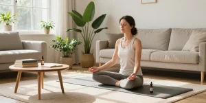 Experience a peaceful moment with thc vape uk in a serene yoga space, featuring CBD oil, natural light, and wellness elements.