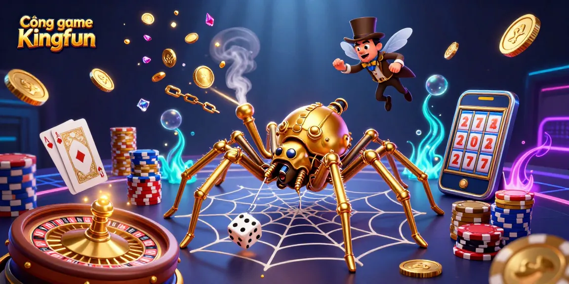 Catching lucky rewards at Cổng game Kingfun with golden spider and poker elements amidst swirling treasures