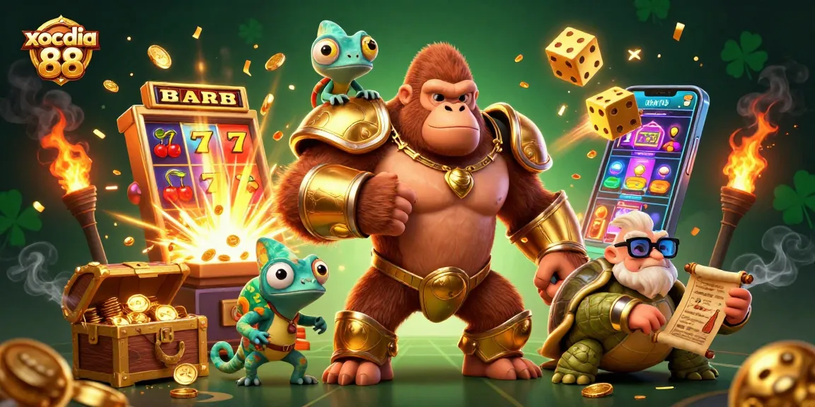 Xocdia 88 brings excitement with a dynamic scene of a cartoon gorilla king, chameleon, and tortoise in a vibrant casino setting.