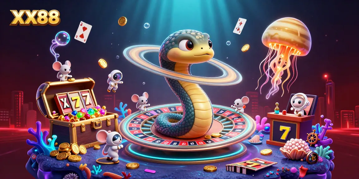 Experience thrilling games and excitement at XX88 with an imaginative cosmic theme in this vibrant casino illustration.