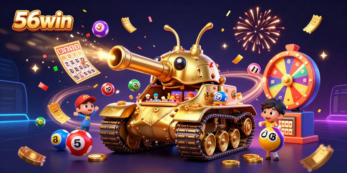 Experience the excitement of 56win with a vibrant 3D casino-themed illustration featuring a unique golden beetle tank.