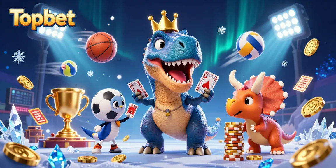 Topbet showcases a whimsical 3D T-Rex and friends involved in a lively casino scene, symbolizing gaming excitement.