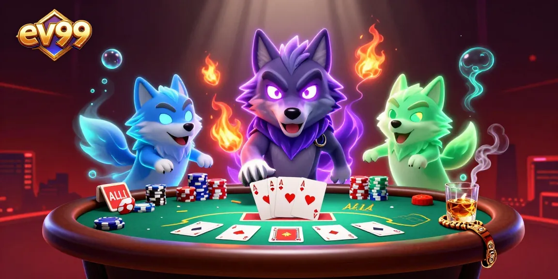 Experience thrilling poker action with ev99 featuring shadow wolves at an intense table.