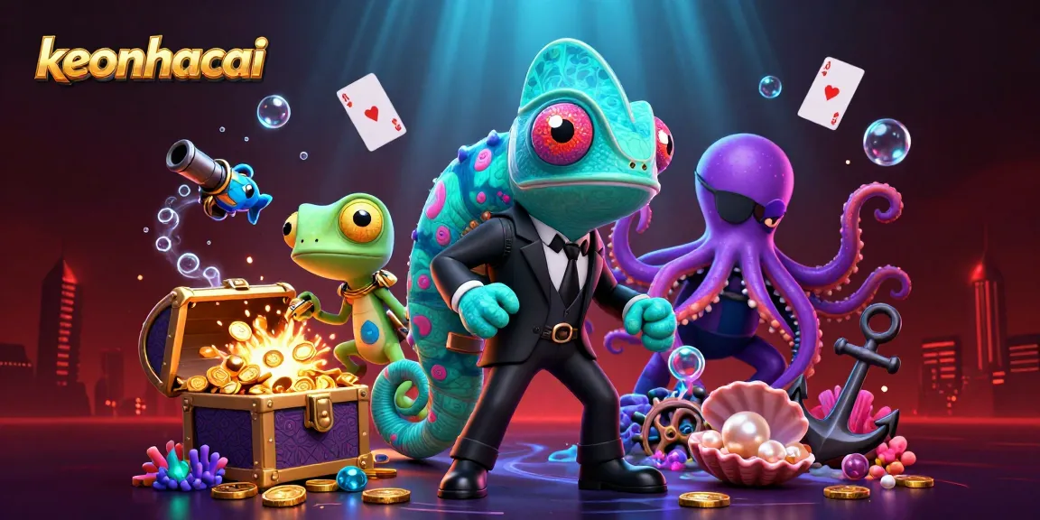Experience keonhacai action with a vibrant 3D scene featuring casino characters amidst treasure.