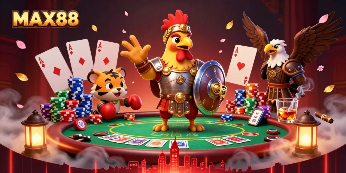 Engage with MAX88’s thrilling casino scene featuring a gladiator rooster, poker elements, and vibrant colors.