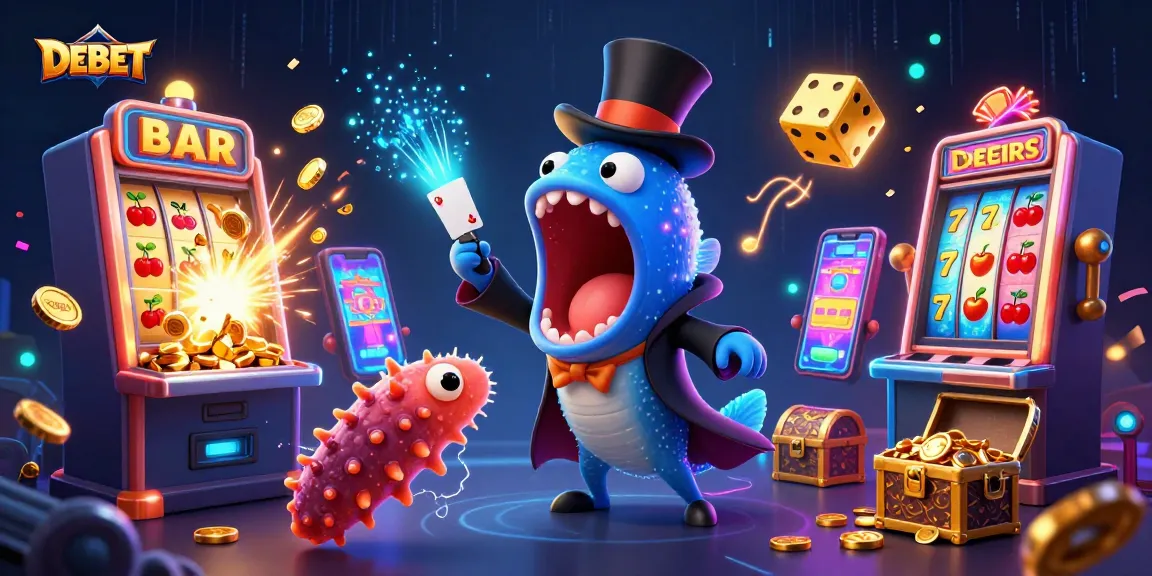 Experience DEBET thrills with a fantastical underwater casino scene featuring vibrant slot machines and magical sea creatures.