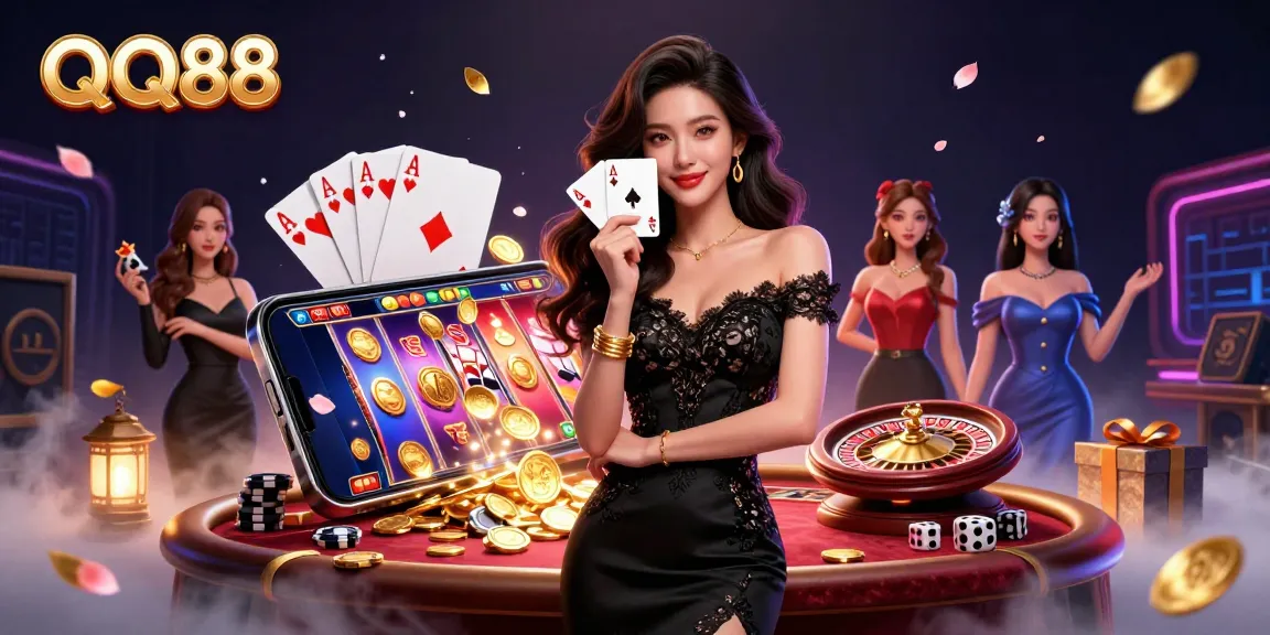 Experience the thrill of QQ88 with a stylish Asian lady holding playing cards in a vibrant casino.