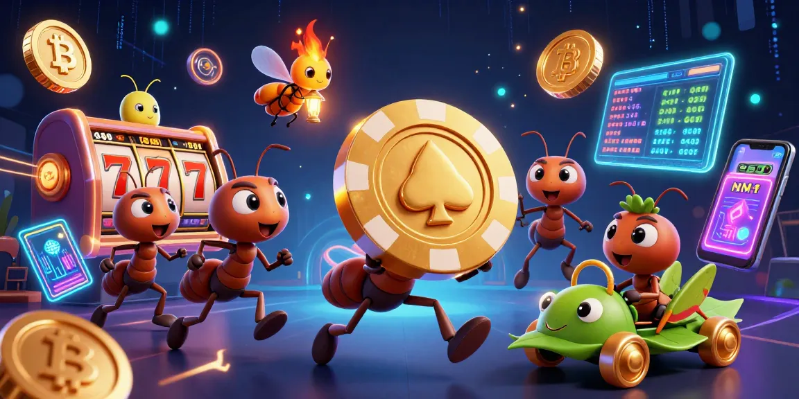 GGWIN showcases a colorful 3D illustration of ants running a heist with casino elements and crypto coins.