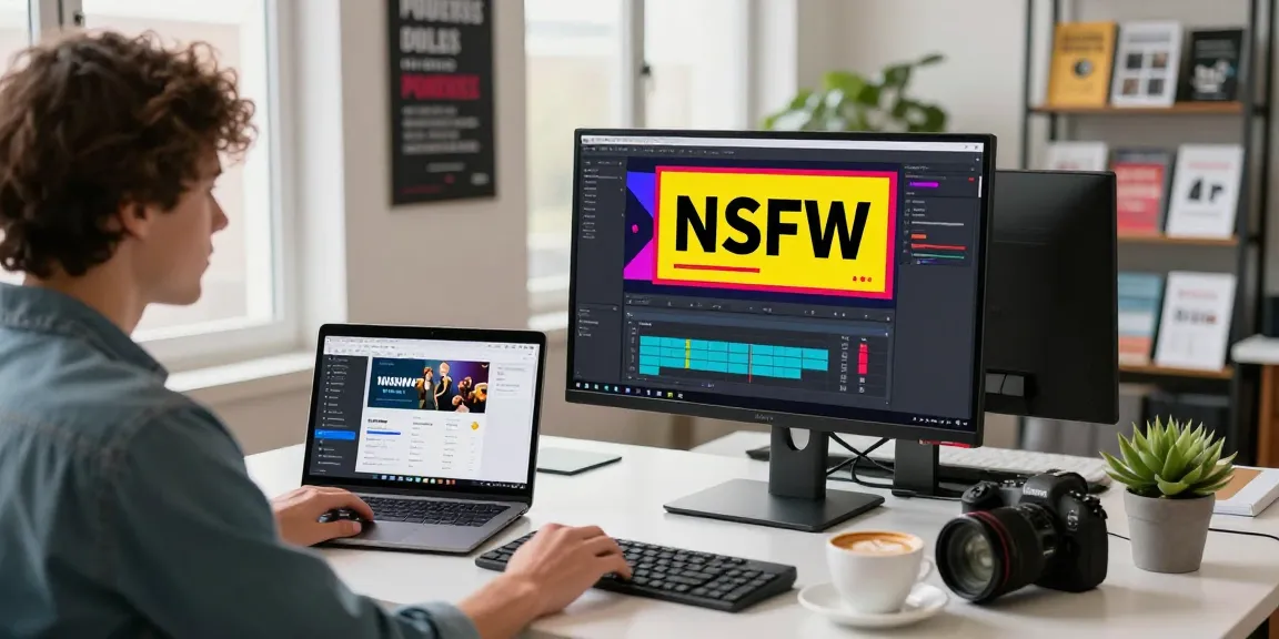 Engaged content creator with NSFW editing software in a modern workspace