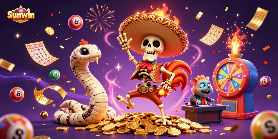 Sunwin engages players with an exciting victory dance surrounded by golden elements and colorful gaming symbols.