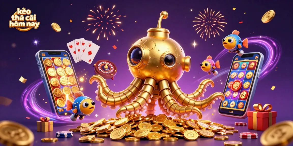 Play kèo nhà cái hôm nay in a vibrant 3D scene featuring a golden kraken and casino elements.