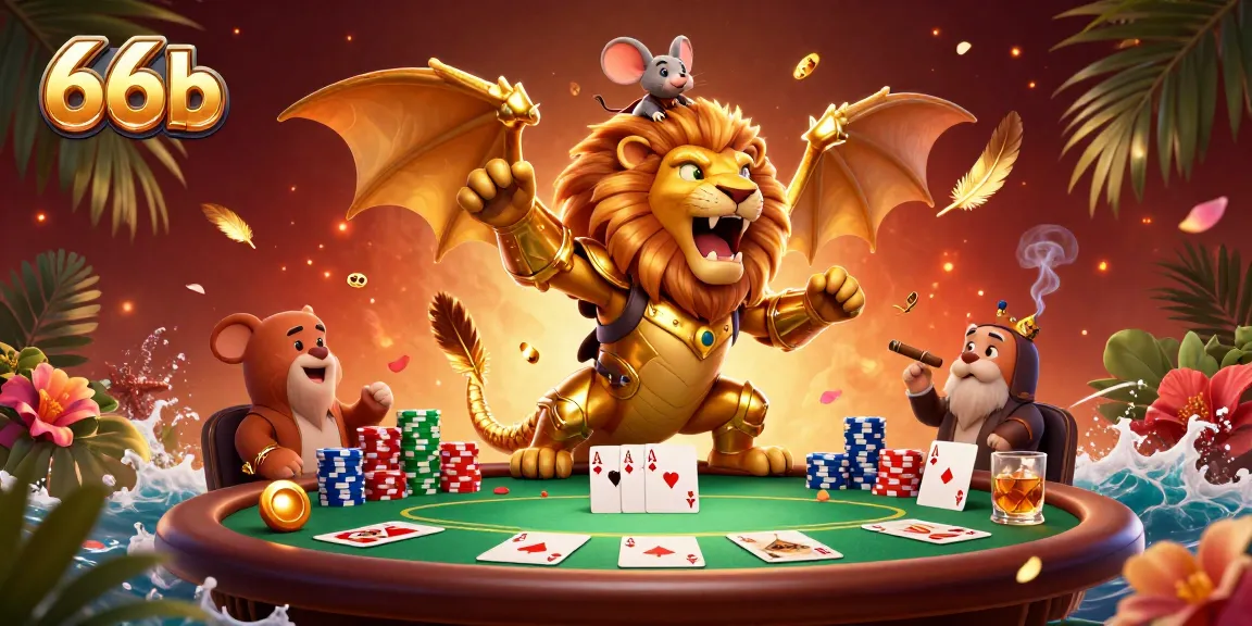 Experience thrilling gameplay with 66b, featuring a chimera creature and poker elements in a vibrant casino scene.