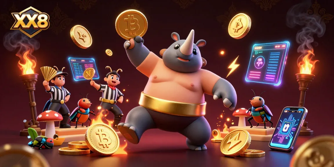 XX88 online casino scene showcasing a sumo champion beetle amidst flying coins, lively game elements, and bright colors.