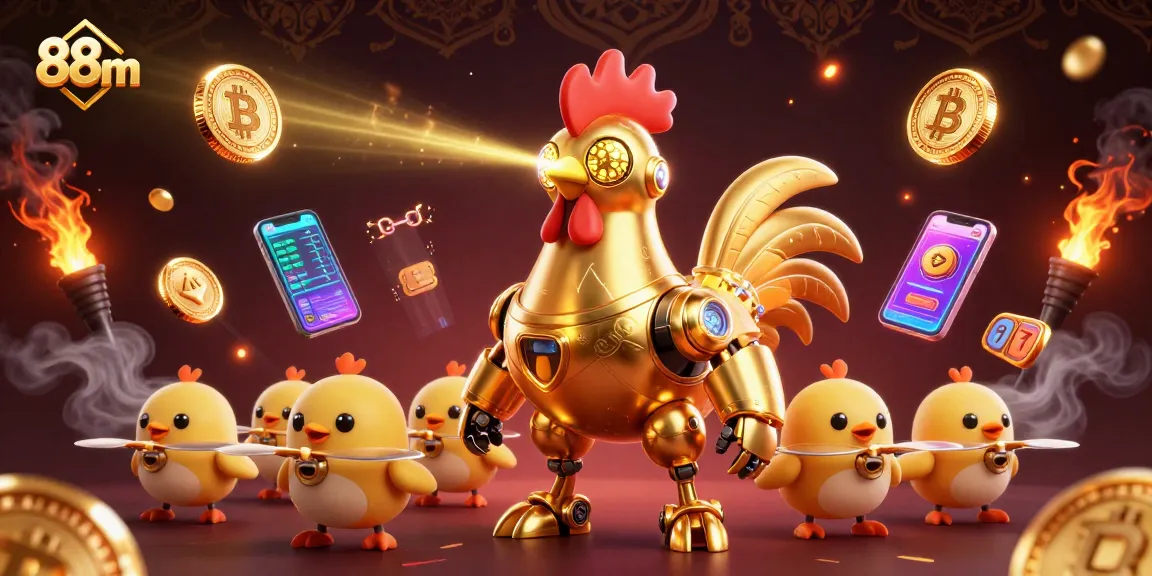 Experience the excitement of 88m online gaming, featuring a dynamic golden rooster robot and its chick drones amidst vibrant casino elements.