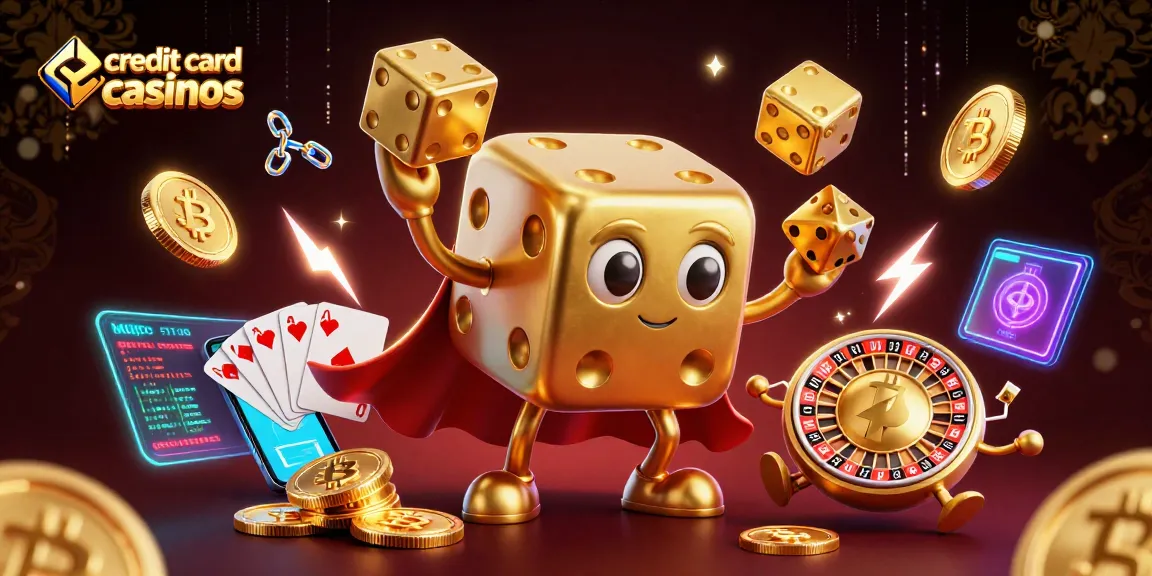 Experience thrilling gameplay at credit card casinos with golden dice and vibrant blockchain elements featured.