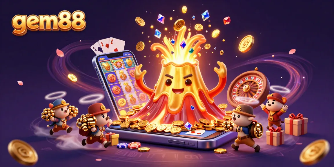 Experience the thrill of gem88 as golden coins erupt from a volcano amidst a vibrant casino scene.