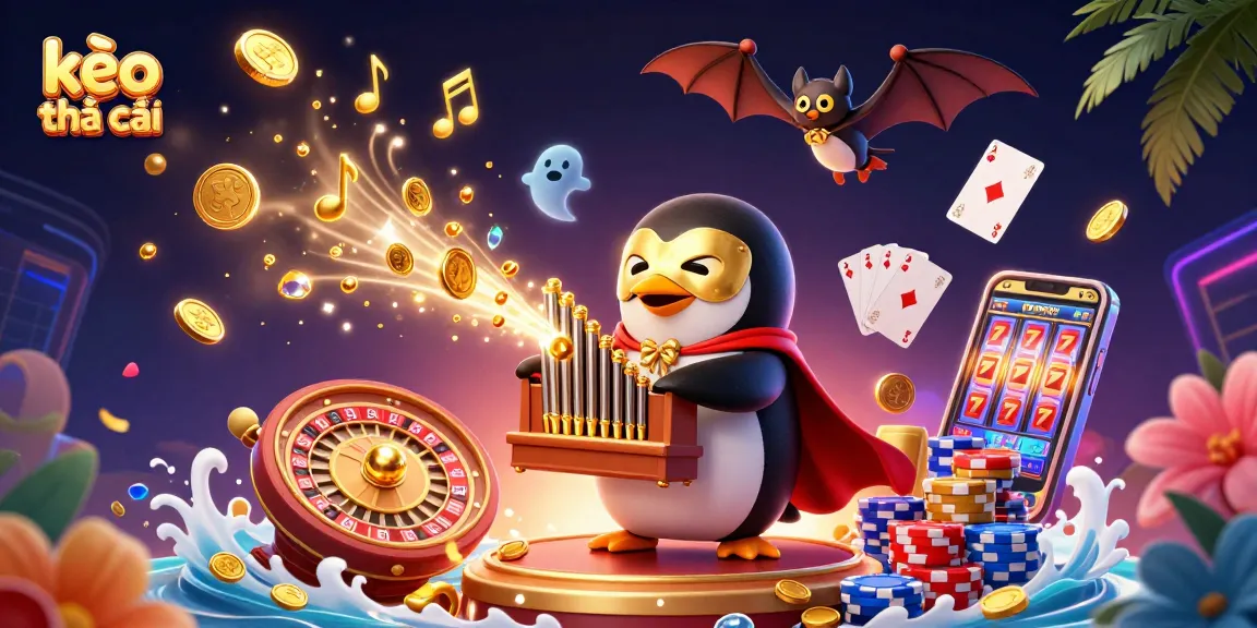 Engage with the excitement at kèo nhà cái with the dynamic scene of a penguin playing an organ surrounded by casino elements.