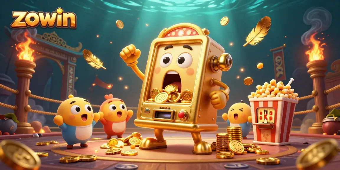 Zowin creates excitement as a golden slot machine wins a jackpot, surrounded by cheering machines and winning tokens.