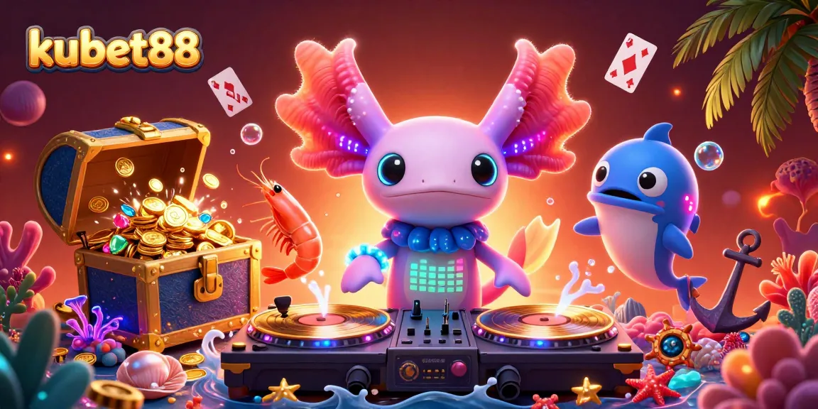 Kubet88 offers exciting gameplay with a neon axolotl DJ, colorful shrimp dancers, and vibrant casino elements in a lively underwater scene.