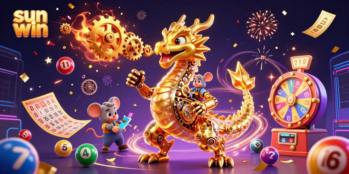 Experience the excitement of sun win with a 3D dragon breathing gears amidst dynamic lottery elements.