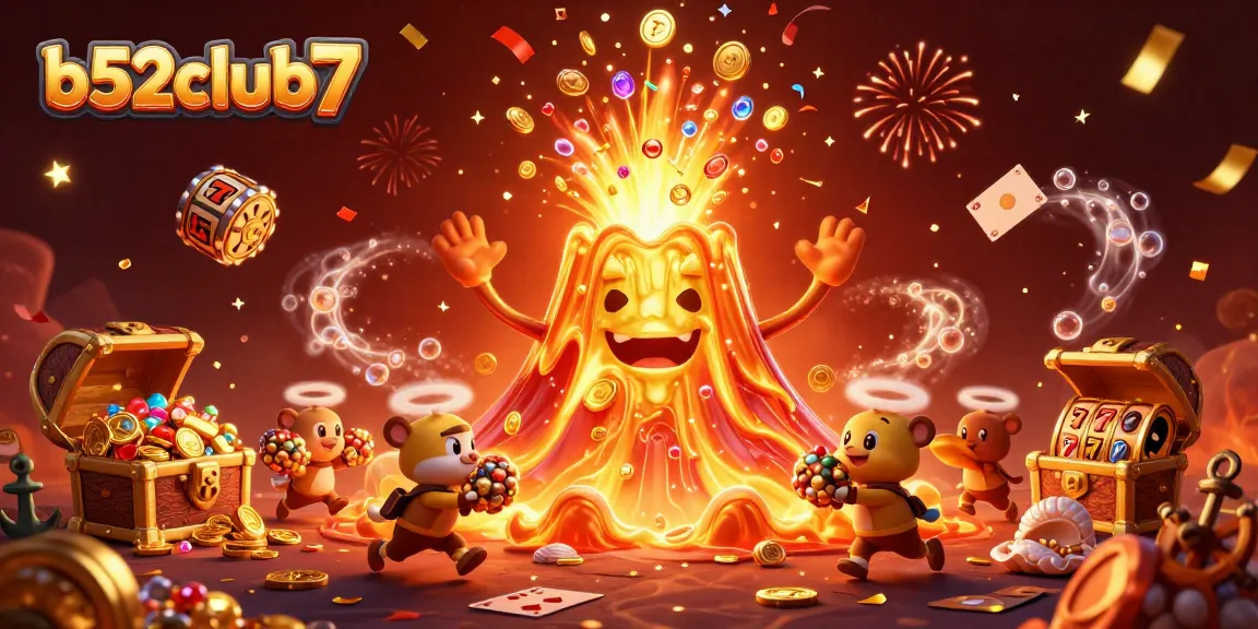 Engage with b52club7 gaming thrills, featuring a volcano of treasure and dynamic casino elements.