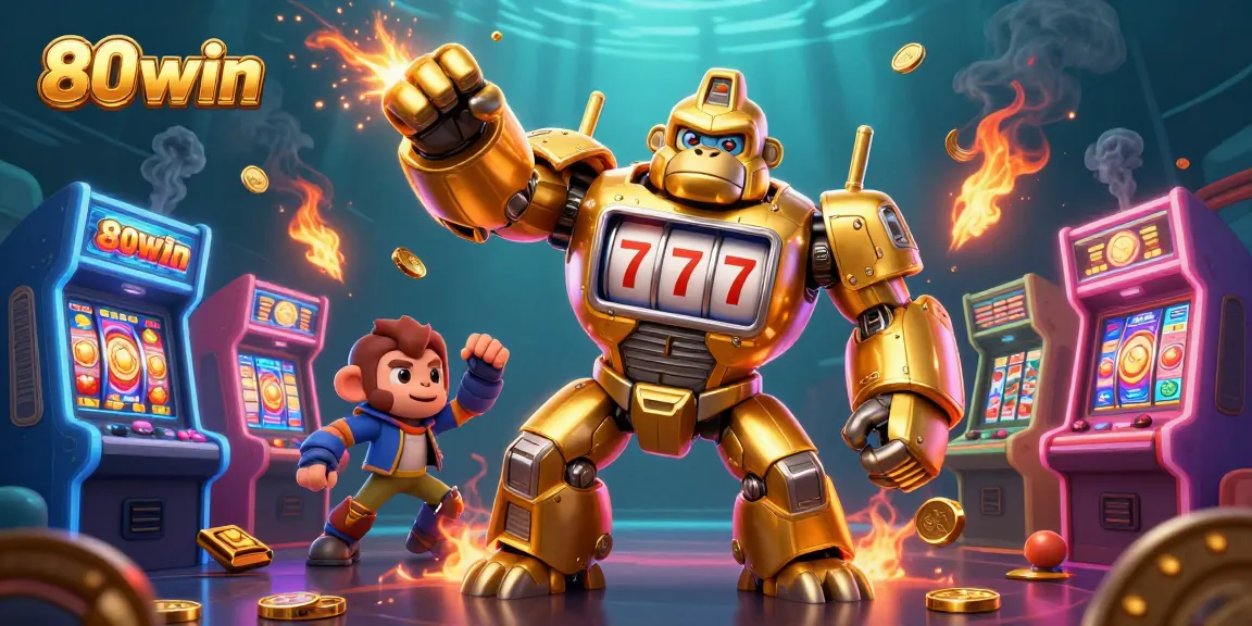 Experience thrilling action with 80win's vibrant golden gorilla mech amidst slot games.
