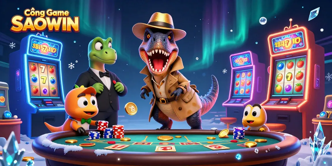 Experience thrilling wins at Cổng Game SAOWIN with a dinosaur-themed casino adventure featuring vibrant slot machines.