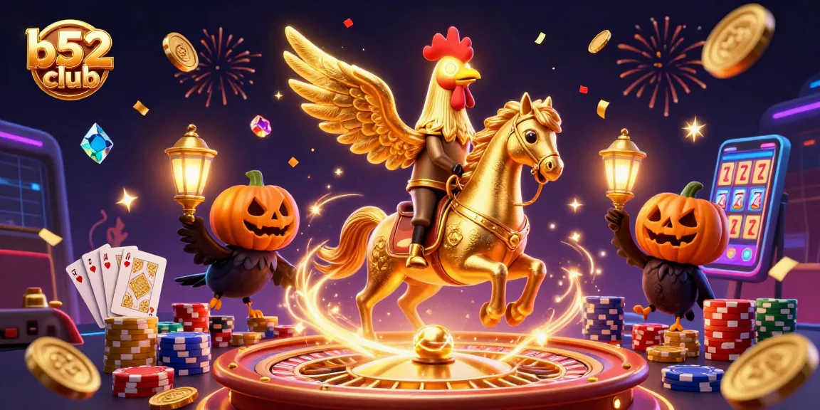 B52Club unleashes excitement with a golden rooster and spectral horse amidst thrilling casino elements.