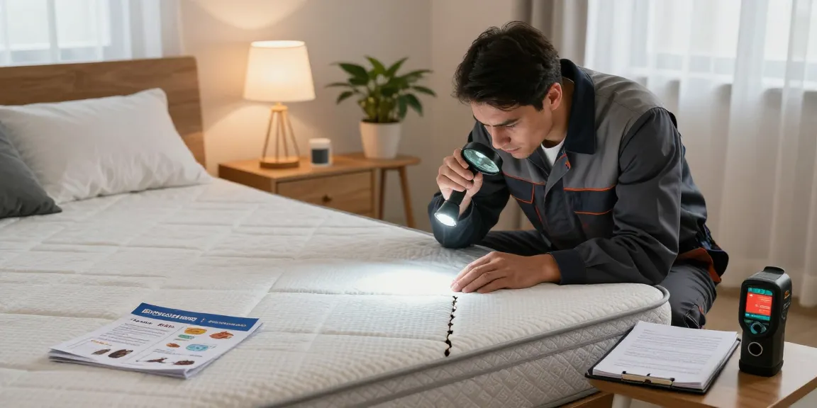 Expert bed bug exterminator inspecting mattress seams for signs of infestation in a cozy residential bedroom.