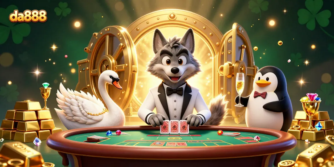 Join the excitement at da888 with a dazzling baccarat scene featuring engaging characters and treasures.