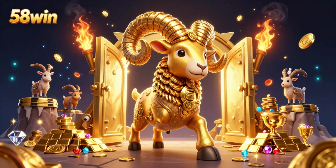 Experience the excitement of 58win with a dynamic scene of a golden ram charging at a treasure vault.