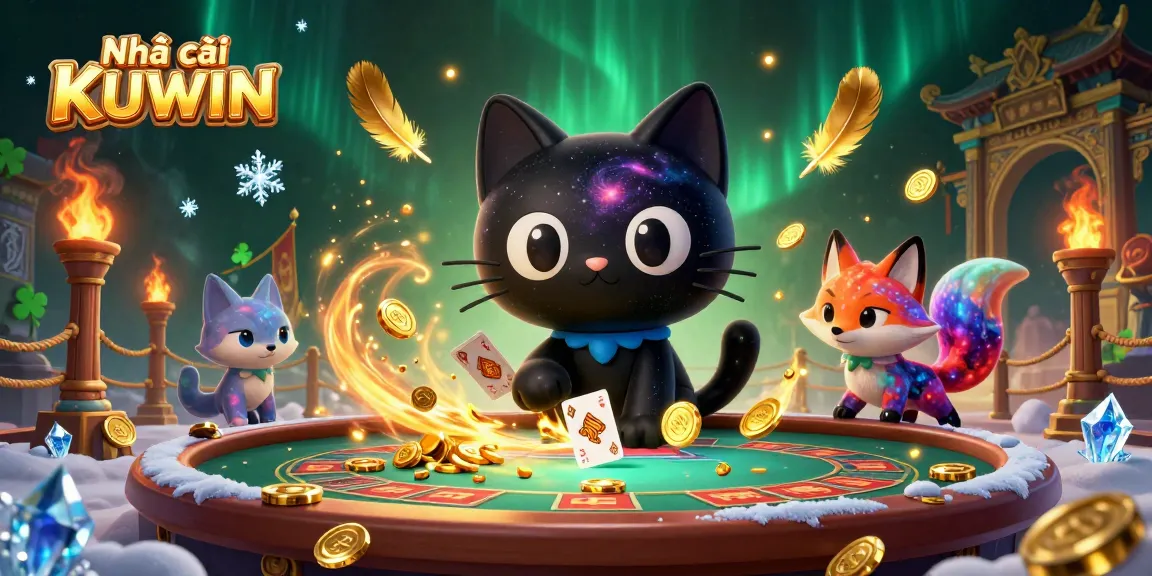 Experience the thrilling games at Nhà cái KUWIN with vibrant visuals of a cosmic casino featuring cartoon characters amidst swirling galaxy elements.