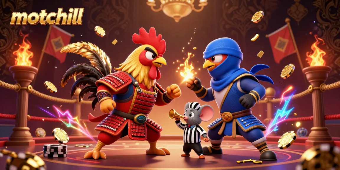 Engage in the vibrant world of motchill with dynamic roosters and casino elements in a thrilling standoff.