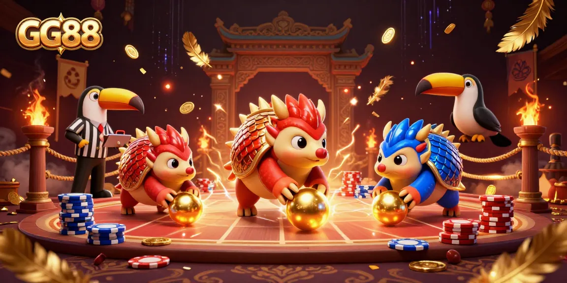 Engage in thrilling gameplay at GG88 with pangolins rolling golden balls in a vibrant casino scene.