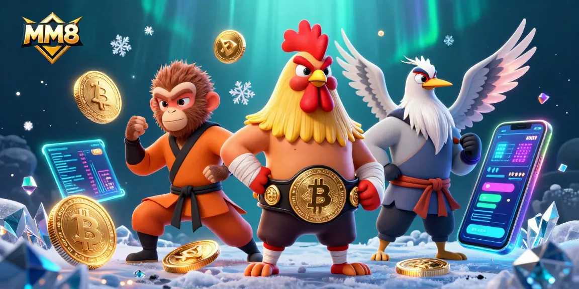 Join the MM88 gaming adventure with vibrant characters amidst glowing crypto coins and casino elements.