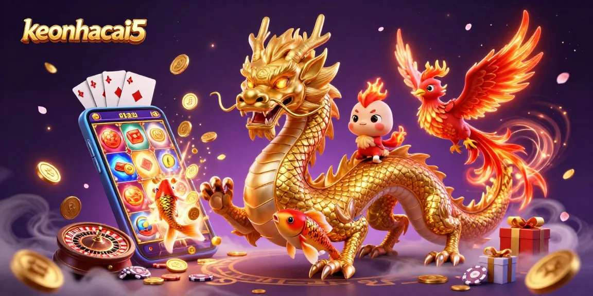 Experience keonhacai5 with a dynamic scene featuring a golden dragon, phoenix, koi fish, and live casino elements.