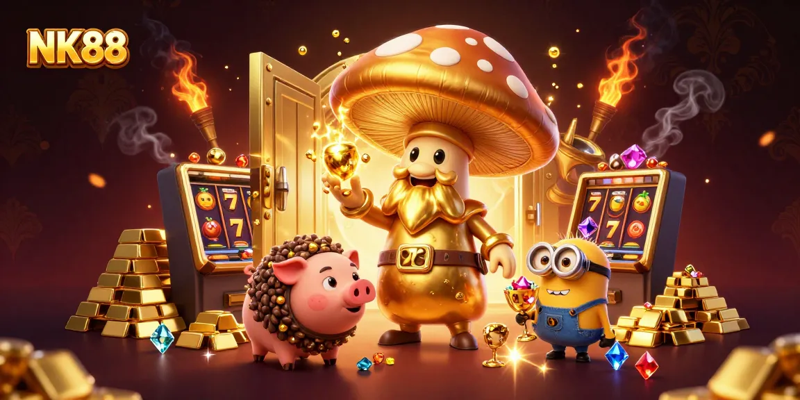 Experience winning magic at NK88 with a golden mushroom wizard and treasure in this 3D casino scene.